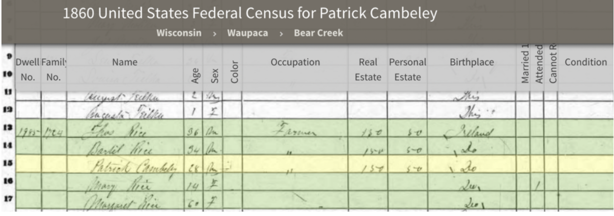 1860 census Patrick Campbel WI