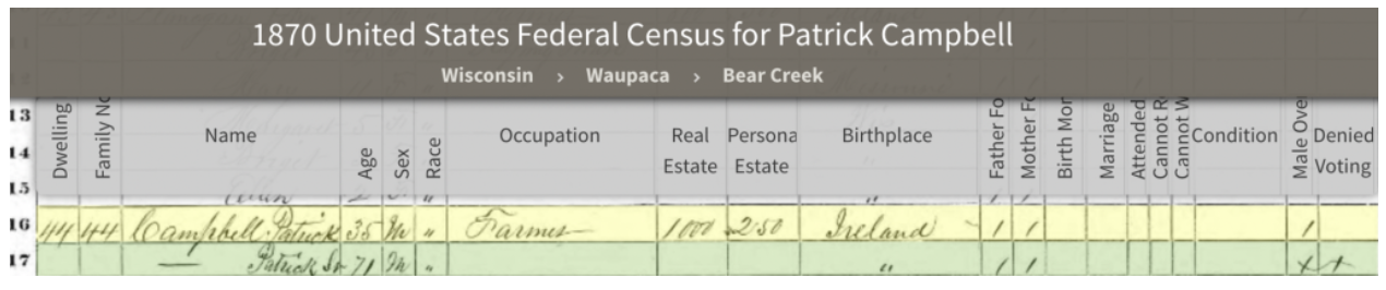 1870 census Bear Creek WI Campbel
