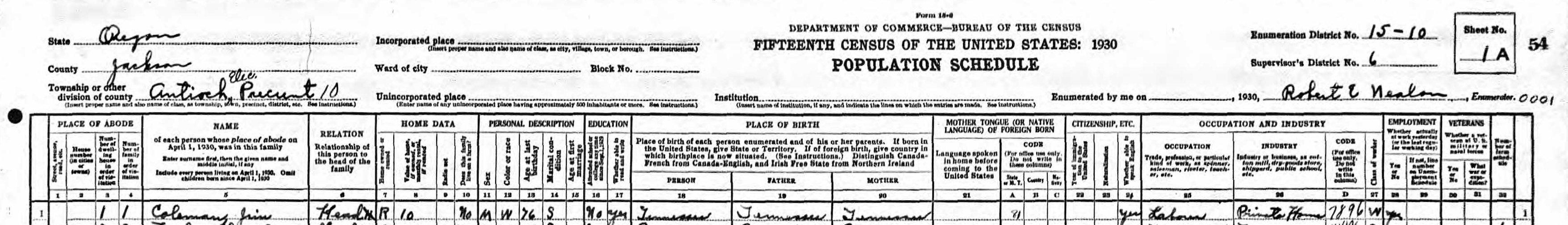 1930 census Jackson OR Jas Coleman